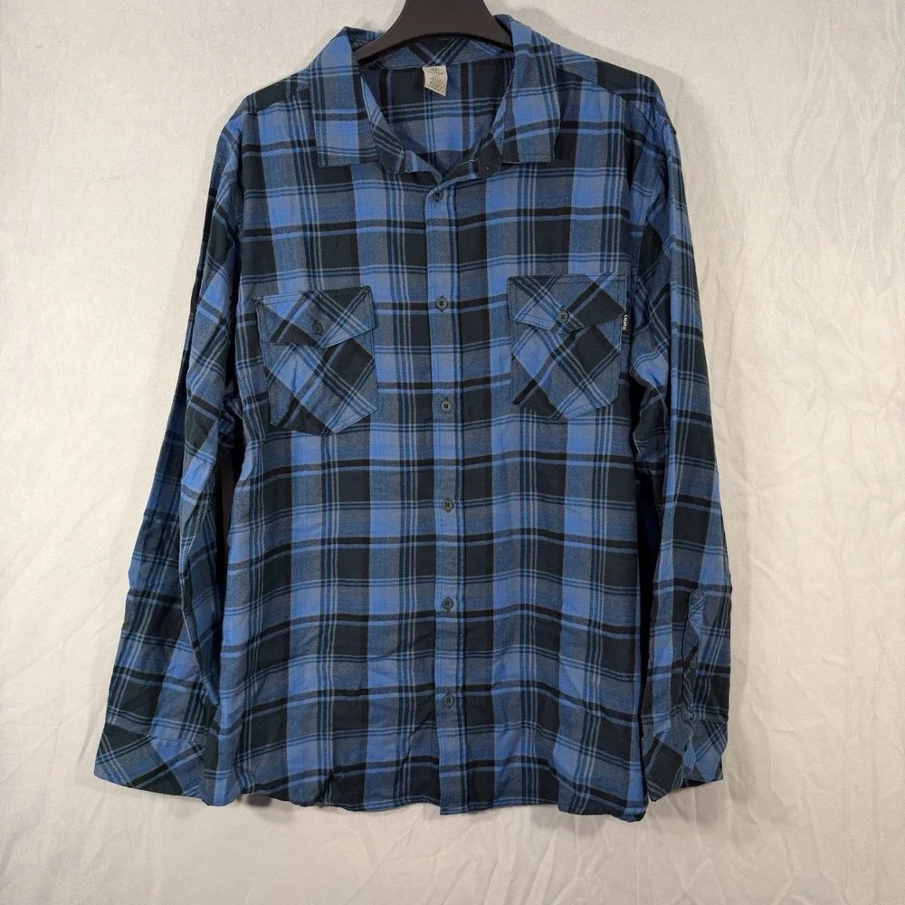 Hurley Long‎ Sleeve Button Shirt Men's Size 2XL Blue Plaid Flannel Cotton Blend